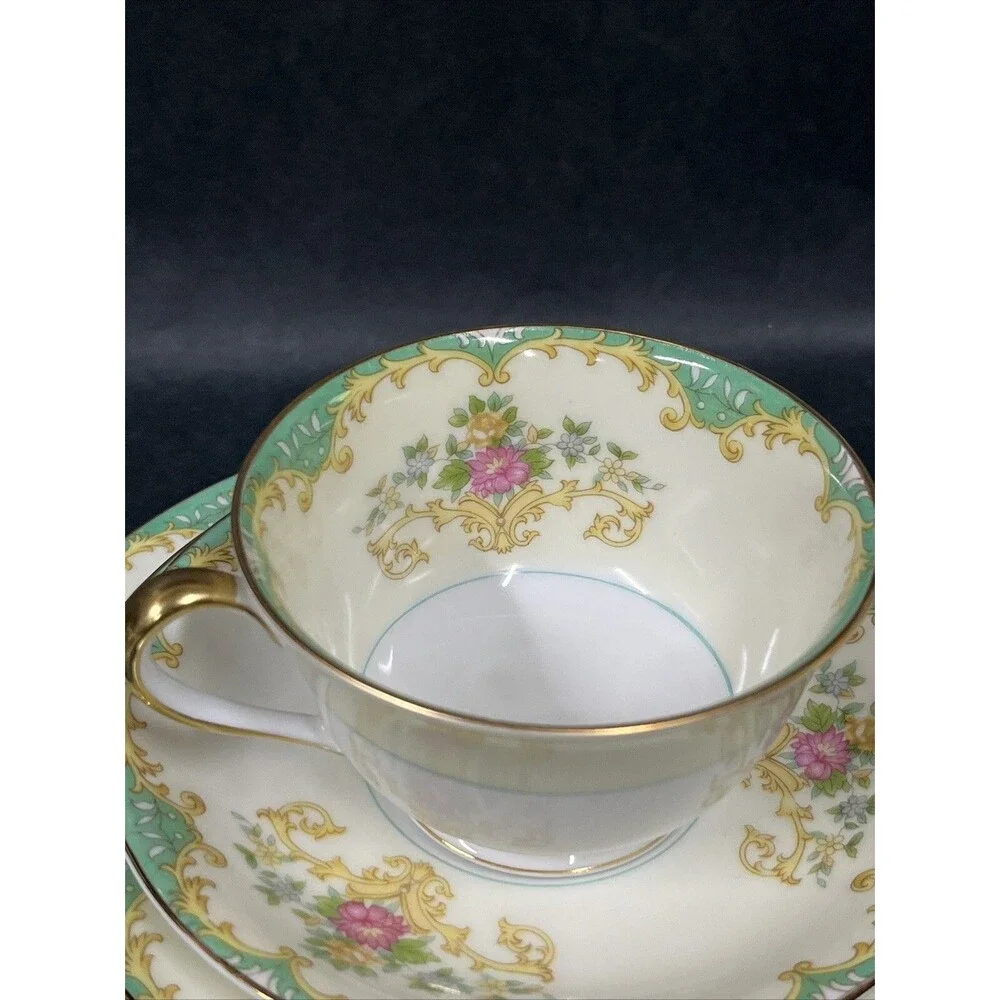 1930s Noritake Tiffany M Teacup Saucer Plate 4 Pc Set Gold Trim Ivory Aqua Beige